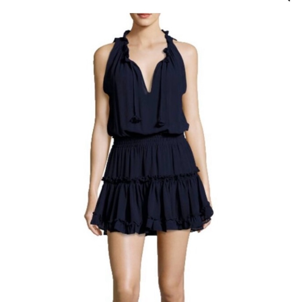 Misa Los Angeles Navy Blue Ruffled Mini Dress